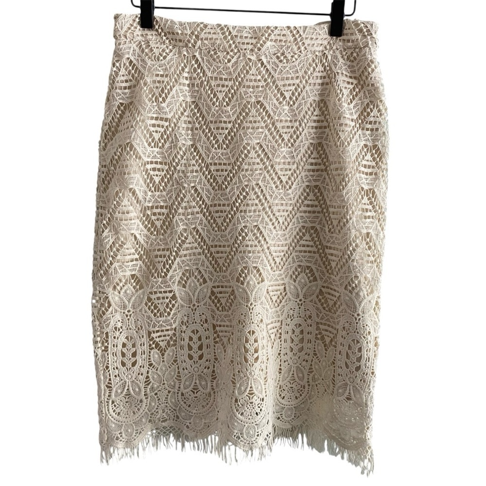Maeve x Anthropologie Crochet Pencil Skirt Ivory Fringe 8P Petite Boho Coastal - Picture 6 of 13